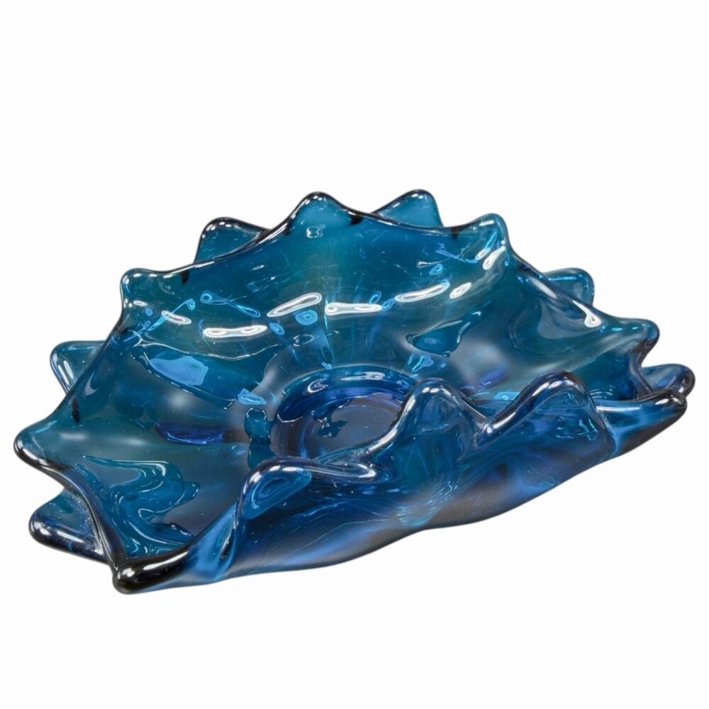 Vintage Viking Glass Blue Bluenique Double Crimped Glass‎ Pedestal Bowl Dish VTG